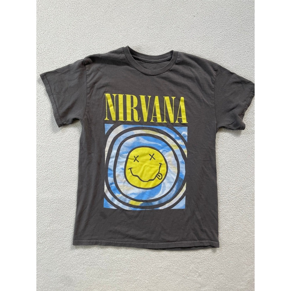 Nirvana Mens Small T-Shirt Gray Smiley Face Graphic Swirl Logo Short Sleeve Tee